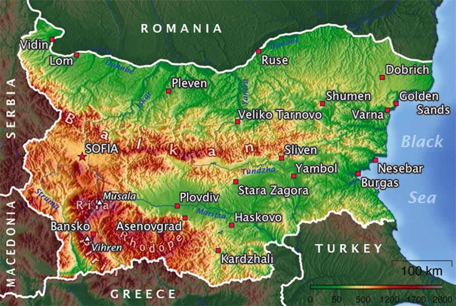 Топографічна карта Болгарії з горами, низовинами та котловинами
