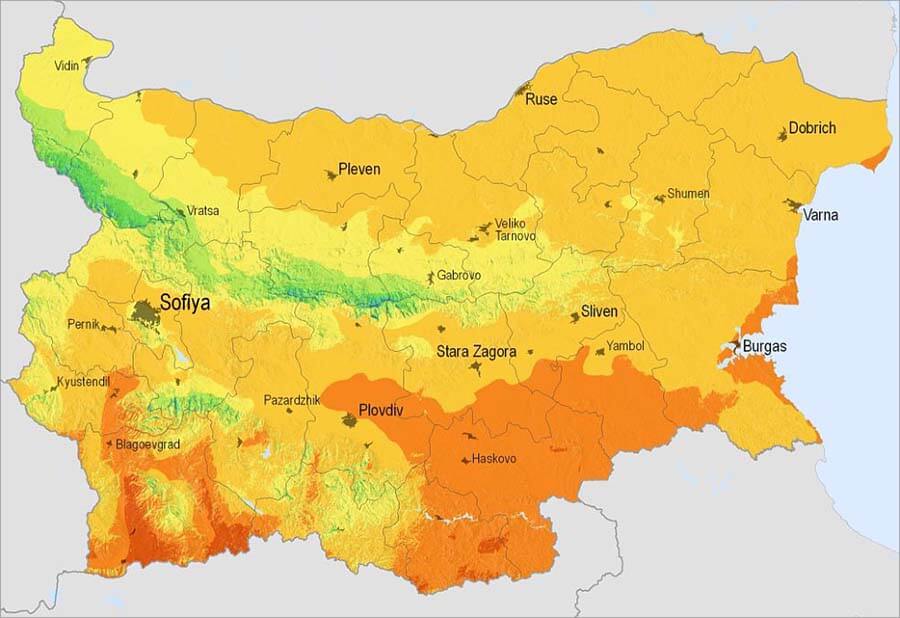 Схематична карта Болгарії з кліматичними зонами та містами