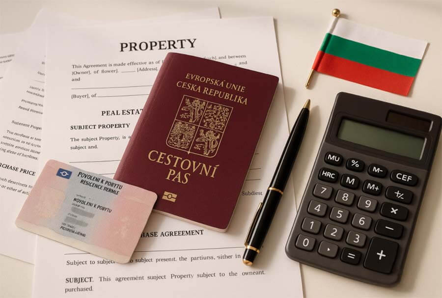Чеський паспорт та ID з болгарськими документами з нерухомості, калькулятор та ручка для планування купівлі житла