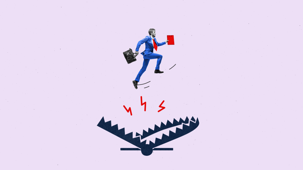 Графічне зображення людини, що перестрибує капкан, яке попереджає про складнощі при перевірці нерухомості в Болгарії