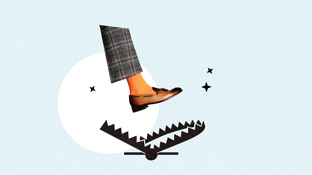 Графічне зображення ступні, що потрапляє у капкан, яке попереджає про приховані ризики операцій з нерухомістю в Болгарії